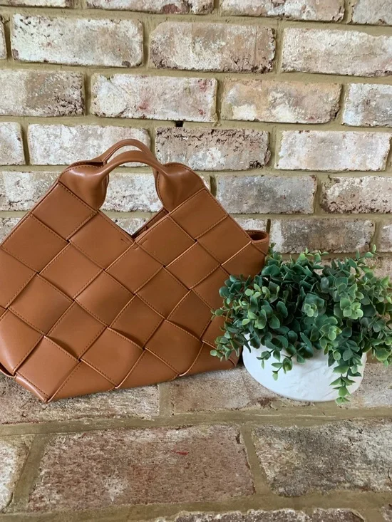 Woven Top-Handle Women’s Tote Bag in Cognac - Picture 2 of 10